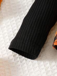 New Baby Girl Long Sleeved Round Neck Butterfly Bow Halloween Print Dress Paired With Full Print Minimalist Long Pants Headband Three Piece Set - 黑色 - 查看 6