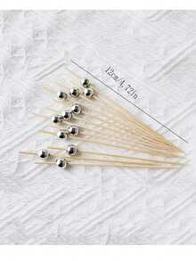 50pcs/100pcs Pack Of 12cm Bamboo Skewers, Round Creative Faux Pearl Gold Design, Suitable For Kitchen Table And Party, For Desserts, Sandwiches, Fruits, With Creative Gold Bead Decoration ,Kitchen,Christmas Gift - Multicolor - View 11