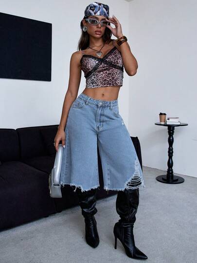 Women's Y2K Distressed Denim Culottes High Waisted Wide Leg Mid Length Jeans Vintage Ripped Loose Fit Jean Shorts For Women