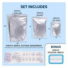 110 Pack Mylar Bags With Oxygen Absorbers - 10Mil Thick Mylar Bags For Food Storage And 400cc Oxygen Absorber, Variety Large Gallon, Quart, 1/2 Pint, Heat & Vacuum Zip Seal Food Bag - 彩色 - 查看 5