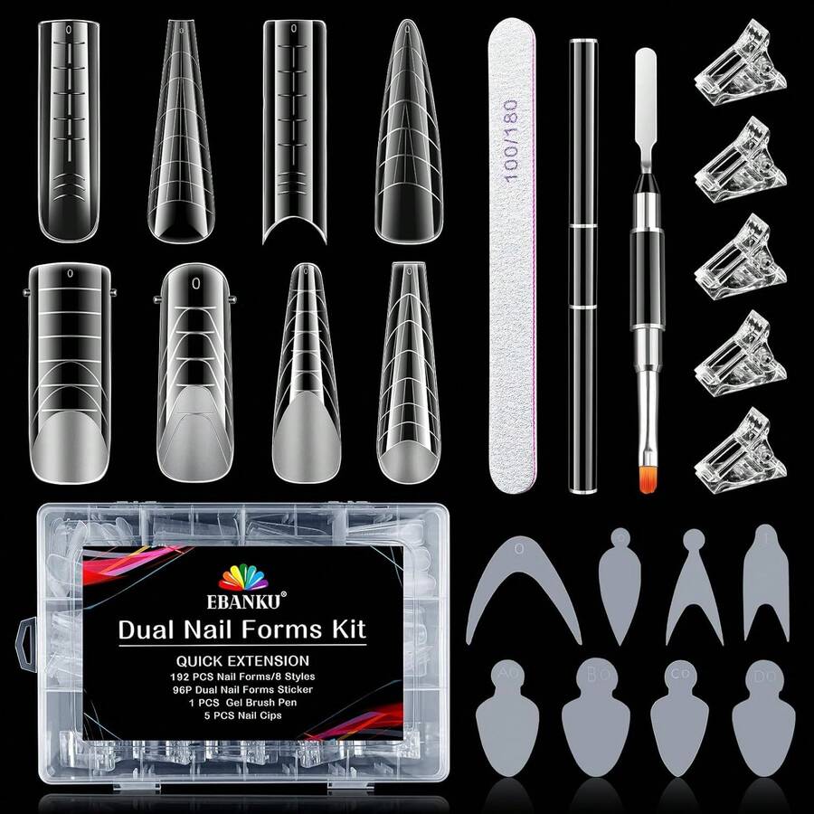 EBANKU Dual Form Kit, 192PCS Poly Gel Forms For French Nails, 96PCS Reusable Silicone Pads, 5PCS Clips, Brush Pen, Files Buffer, Extension Kit For Beginner - 4 Shapes - View 1