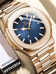 POEDAGAR 1pc Luxury Men's Stainless Steel Date Quartz Watch, Business Waterproof Luminous Hands Square Watches For Men, Man Wristwatch With Box Suitable For Gift Giving, Father's Gifts - 藍色 - 查看 8