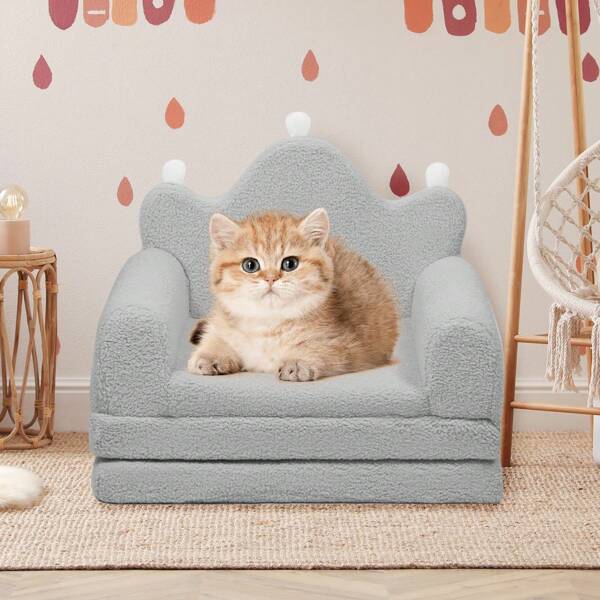 1pc Pet Crown Shaped Sofa, Made Of Polyester Fiber, Suitable For Cats & Dogs All Seasons, Removable & Washable, White Memory Foam Inside, Fully Open Rebounds In 48 Hours
