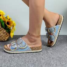 Womens Slides With Cork Footbed Open Toe Adjustable Webbing Flat Sandals For Walking | Beach | Indoor POWDER-03 - Màu xanh lam - Xem 5