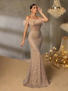 Faeriesty Faeriesty Strapless Beaded Mermaid Evening Gown With Feather-Accented Shoulders & Back Tie-Up Detail - High-Slit Sheer Tulle Dress For Grand Galas, Luxury Weddings, Red Carpet Events, Black-Tie Receptions