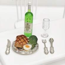 7/9pcs Dollhouse Romantic Dinnerware Set, Metal Delicate Plates With Miniature Food, Miniature Steak! Miniature Red Wine, Christmas/Halloween Decor!