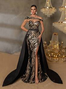 Faeriesty Faeriesty Gorgeous Beaded Sequin Evening Gown With Floral Beading Embroidery & Dramatic Slit Detail, Back Fluid Satin Overlay For High-End Parties, Black Tie Affairs & Urban Fashion Events