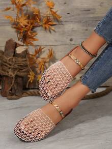 女式白色渔网平底凉鞋，编织带，封闭式鞋头，一脚蹬设计，优雅休闲舒适百搭夏季/假日拖鞋