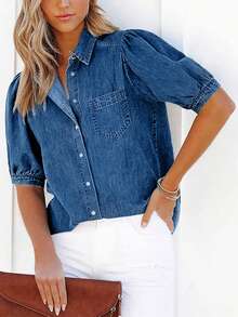 女士藏蓝色泡泡袖牛仔衬衫 - 灯笼袖时尚休闲牛仔衬衫，牛仔上衣 - 深色水洗藍 - 查看 3