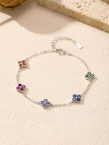 MODIAN 925纯银甜蜜四叶草彩色锆石吊坠时尚可叠戴手链女士精美珠宝