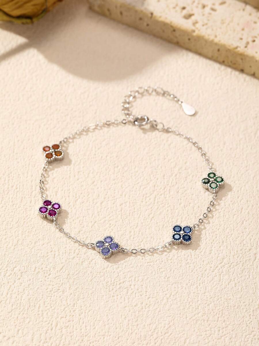 MODIAN 925纯银甜蜜四叶草彩色锆石吊坠时尚可叠戴手链女士精美珠宝