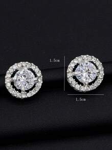 1 Pair Luxury Classic Round Micropave White Cubic Zirconia Stud Earrings, Women's Chic Jewelry