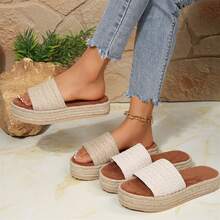 Women Sandals Summer Slide Platform Open Toe Jute Sole Beach Casual Wear - 杏色 - 查看 11