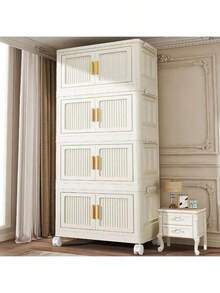 Double Door Foldable Storage Cabinet, Plastic Transparent Wardrobe For Kids Room, Multi-Tier Movable Organizer - Cream - View 12