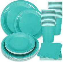 100Pcs Teal Tableware Set Teal Blue Disposable Dinnerware 50Pcs Paper Plate 25Pcs Napkin 25Pcs Cup For Birthday Wedding Baby Shower Family Picnic Party Supplies Table Decor - 水鴨藍 - 查看 1