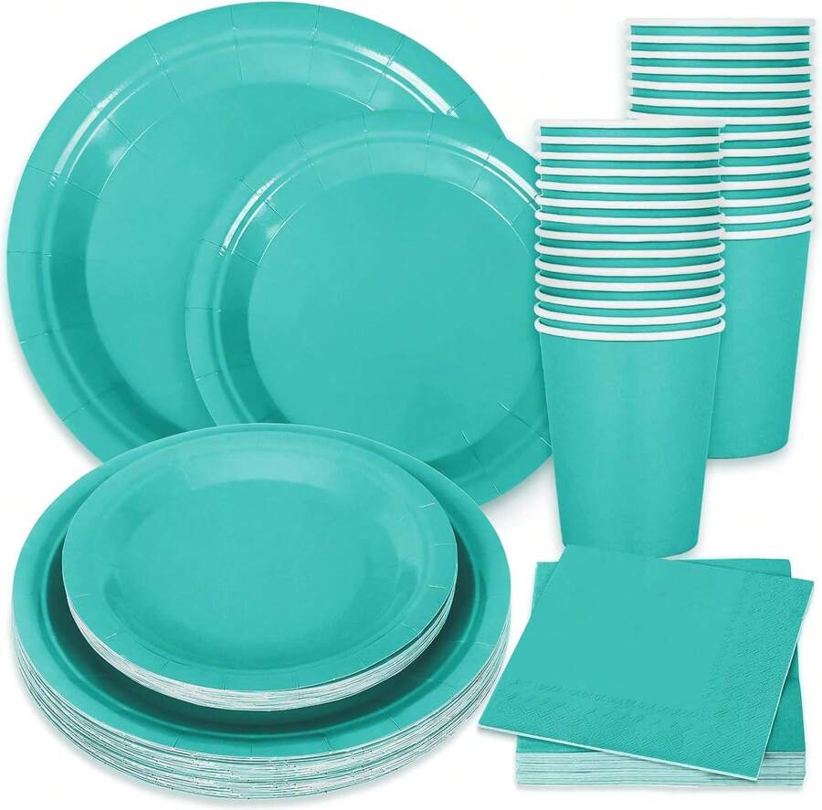 100Pcs Teal Tableware Set Teal Blue Disposable Dinnerware 50Pcs Paper Plate 25Pcs Napkin 25Pcs Cup For Birthday Wedding Baby Shower Family Picnic Party Supplies Table Decor - 水鴨藍 - 查看 1
