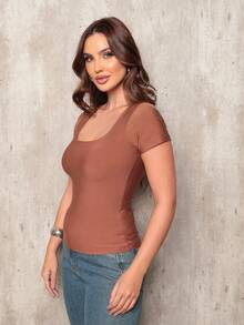 Basic Square Neck Blouse With Sleeve Comfortable Elegant Women's Fashion - Rỉ Nâu - Xem 3
