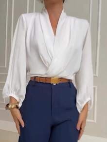 Women's Fashionable Elegant Long Sleeve Versatile Blouse Top, Solid Color Polyester, Spring/Summer - White - View 5