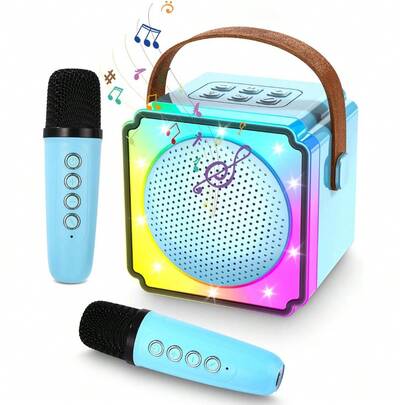 Party-Mini-Karaoke-Maschine Mit Kabellosem Mikrofon, Tragbares Karaoke Mit 4 Stimmveränderungseffekten + Bunten Dynamischen Lichtern, Perfekt Für Gruppenauftritte, Geburtstagsfeiern, Reisen, 8,7 X 8,7 X 7 Cm, Blau
