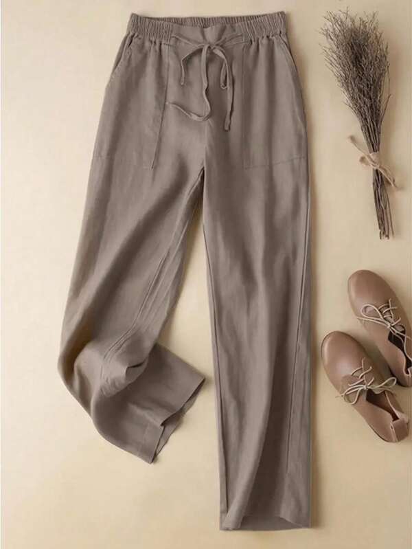 Drawstring Pocket High Waist Loose Fit Straight Leg Casual Pants
