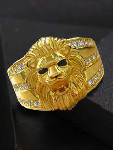 1pc Vintage Punk Men's Ring - Gold Lion Embossed Design, Exquisite Retro Details, Durable Copper Alloy With Zirconia, Wedding Band, Party & Daily Jewelry, Unique Gift, Festival Outfit, Hip-Hop Style, Fashionable Craftsmanship, Ideal Choice For Casual Or Formal Wear - Cameo Lion Zirconia Ring - View 2