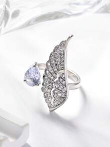 1 Piece Ladies Delicate And Elegant Angel Wings Women's Ring,Teardrop Zirconia With Luxury Rhinestones,Geometric Feather Design Opening Adjustable Ring,Summer Fashion Accessories,Jewelry Gifts For Daily,Vacation,Wedding,Party,Gift,Birthday,Valentine's Day Gift,Mom,Lover.