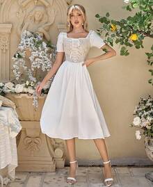 Womens Vintage 1920s Renaissance Lace Trim Corset Bustier, Retro Fashion - Cream Lace - View 5