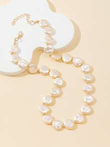 1 件不对称珍珠串珠装饰女士优雅时尚项链，适合日常佩戴 - 米色 - 查看 2