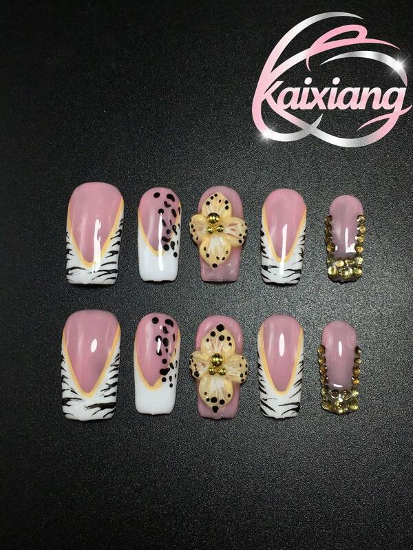 10-Piece 2.5 Square Pure Handmade Press On Nails. With White French Tips, Yellow Edges, Work Style Carvings, French Rhinestones, Elegant Minimalist Hand-Paintings. Reusable, Suitable For Daily Wear And Professional Occasions.