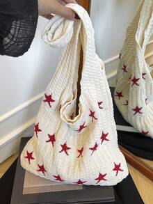 Túi Tote Dệt Kim Pentagram, Túi Dệt Kim Phong Cách Tối Giản Cross-Border, Túi Đeo Vai Dung Tích Lớn Cá Nhân Hóa Thời Trang - Màu be - Xem 1