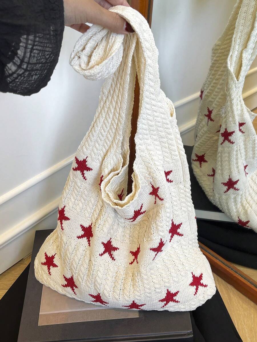 Túi Tote Dệt Kim Pentagram, Túi Dệt Kim Phong Cách Tối Giản Cross-Border, Túi Đeo Vai Dung Tích Lớn Cá Nhân Hóa Thời Trang - Màu be - Xem 1