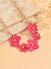 1pc Elegant Fuchsia Metal 3D Floral Decor Necklace, Fashion Thick Chain Neck Jewelry For Women Suitable For Everyday Wear And Music Festival, Length Can Be Adjusted