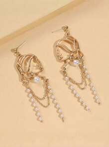 1 Pair Gold Asymmetrical Geometric Stud Earrings With Pearl Hollow Pendant Earrings, Fashion Earring Sets