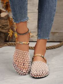 女式白色渔网平底凉鞋，编织带，封闭式鞋头，一脚蹬设计，优雅休闲舒适百搭夏季/假日拖鞋