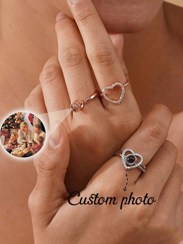 Custom Personalized Projection Ring With Photo, Unisex Customized Photo Engagement Rings, Wedding Jewelry, 2pcs Heart Adjustable Ring, Valentine's Day & Christmas Gift