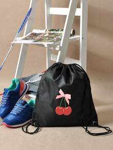 1 pezzo Zaino con coulisse carino a stampa di ciliegie/fiocchi, in materiale di poliestere, adatto per ragazzi e ragazze, zaino sportivo di grande capacità, borsa da basket, adatto per sport e attività all'aperto - nero - Visualizzare 5