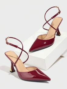 Women's Solid Color Pointed Toe Closed-Toe Metallic Buckle Decor High Heel Shoes, Slip-On, Comfortable For Daily Wear, Commuting, Formal Occasions, Autumn/Winter, PU Leather Wine Red Work Shoes - Burgundy - View 6