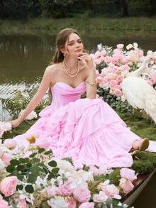 Faeriesty Váy tốt nghiệp bằng vải satin không dây sang trọng với nhiều lớp voan nhún bèo và dây buộc chéo phía sau - Váy trang trọng cho tiệc sinh nhật, tiệc cưới, dạ tiệc và sự kiện tối lãng mạn - Hồng - Xem 9