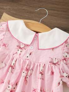 Vestido de verano casual y lindo para niñas bebés con estampado de conejo y lazo bordado de cuello redondo y manga corta - Rosa - Ver 6