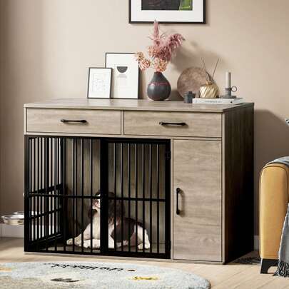 Dog Crate Furniture,Large Wooden Dog Crate With Drawers, Side Cabinet & 360°Rotating Bowls,Indoor Heavy Duty Dog Kennel With Double Doors,End Table Style, 120x60x86cm,Grey