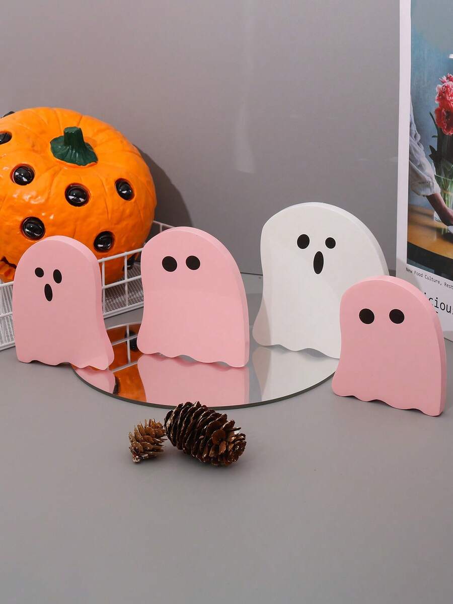 4 件可爱鬼魂系列木制工艺品万圣节装饰，创意家居桌面装饰用品 - 彩色 - 查看 1