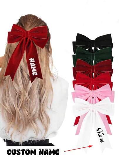 1pc Customized Name Bow Hair Clip, Personalized Satin Long Tail Hair Clip, Long Tail Bow Hairband, Gift Hair Clip Bow Spring Clip Customized Ideal Gift For Girlfriend, Cute, Charming, Funny, Kawaii, Fashion, Casual, Customized, Personalized, Unique, Customized, Ideal Gift For Him, Ideal Gift For Her, Girlfriend, Family, Friends