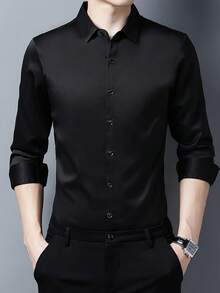 Men's Solid Color Lapel Collar Dress Shirts, Casual Long Sleeve Button Down Shirt For Formal Occasions - 查看 2