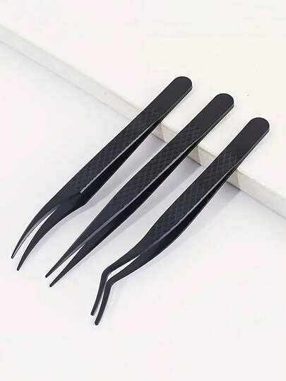 3pcs Stainless Steel Eyelash Extension Tweezers, Non-Slip Mesh Design, Suitable For Beginners, Compact Eyelash Extension Tweezers, Eyelash Curler, Eyelash Extension Tweezers Set, 3-Piece Set, Stainless Steel Eyelash Extension Tweezers Handle With Threaded Design, High Precision Eyelash Extension False Eyelash Tweezers - Black