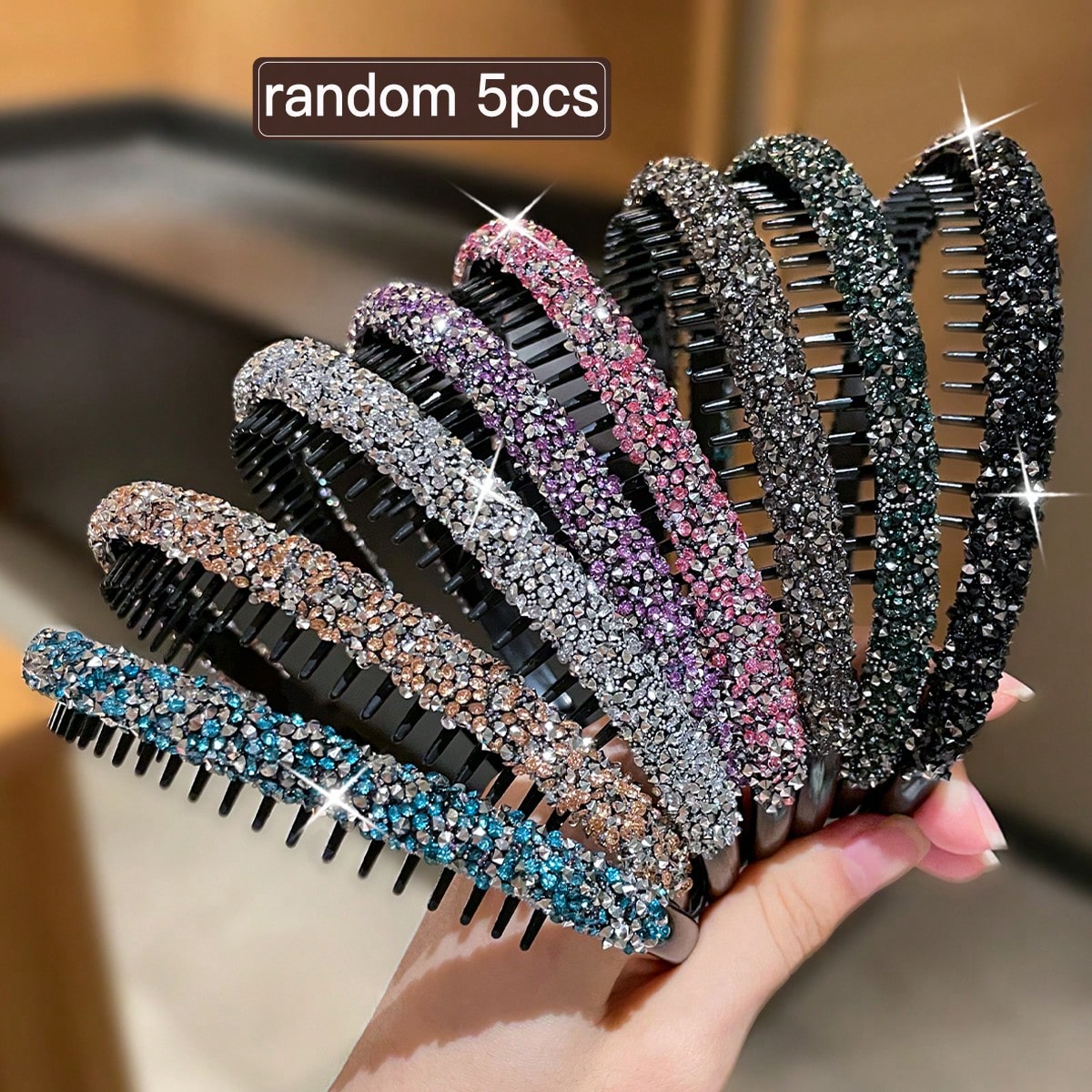 5 pezzi/set Fasce per capelli da donna con decorazioni in strass assortite, stile elegante vintage, design con denti antiscivolo, accessori per