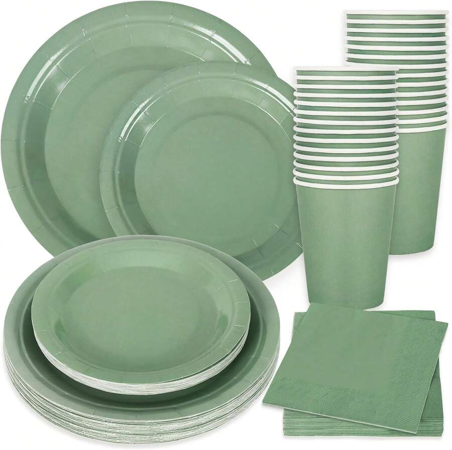 100Pcs Sage Green Tableware Set Wedding Disposable Dinnerware Set 50Pcs Paper Plates 25Pcs Napkin 25Pcs Cups For Wedding Birthday Bride Shower Party Supplies Table Decorations - 綠色 - 查看 1