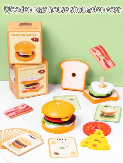 Children's Simulated Wooden Pretend Burger, Sandwich Set Column Matching, Educational Food Assembly Toys, Early Education Interactive Kitchen Pretend Toys Fun Stacking Toys That Simulate Food