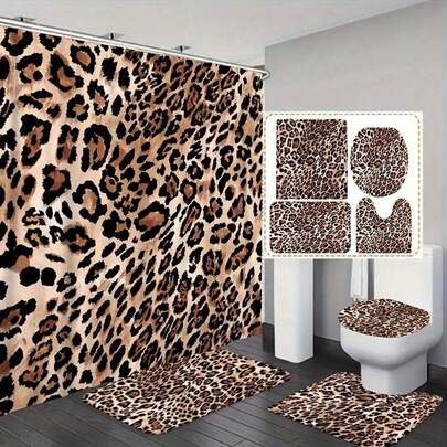 1/4 Pcs Visual Vortex Leopard Print Bathroom Shower Curtain Set, Waterproof Curtain With 12 Hooks, Non-Slip Bathroom Rug, U-Shaped Toilet Mat, Toilet Lid Cover, Bathroom Decor, Bathroom Curtain Set, Suitable For All Seasons Back To School