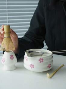 1pc/2pcs/4pcs/5pcs Cherry Blossom & Matcha Bowls Set, Japanese Tea Set Includes Matcha Bowl With Spout, Bamboo Matcha Whisk, Matcha Scoop, Whisk Stand, Stainless Steel Sieve, 5-Piece Perfect Matcha Set Back To School