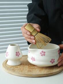 1pc/2pcs/4pcs/5pcs Cherry Blossom & Matcha Bowls Set, Japanese Tea Set Includes Matcha Bowl With Spout, Bamboo Matcha Whisk, Matcha Scoop, Whisk Stand, Stainless Steel Sieve, 5-Piece Perfect Matcha Set Back To School